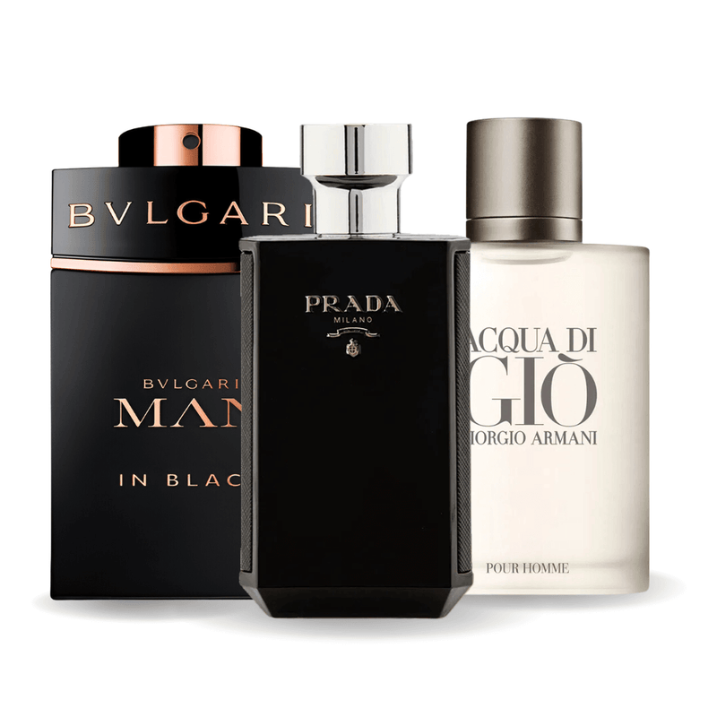 Combo promocional de 3 perfumes Bvlgari In Black, Giorgio Armani Acqua Di Gio, y L'Homme Prada Intense 100ml