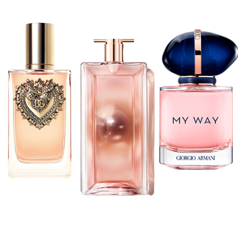 Combo promocional de 3 perfumes Dolce & Gabanna Devotion, My Way Giorgi Armani, y Lancôme Idôle 100ml