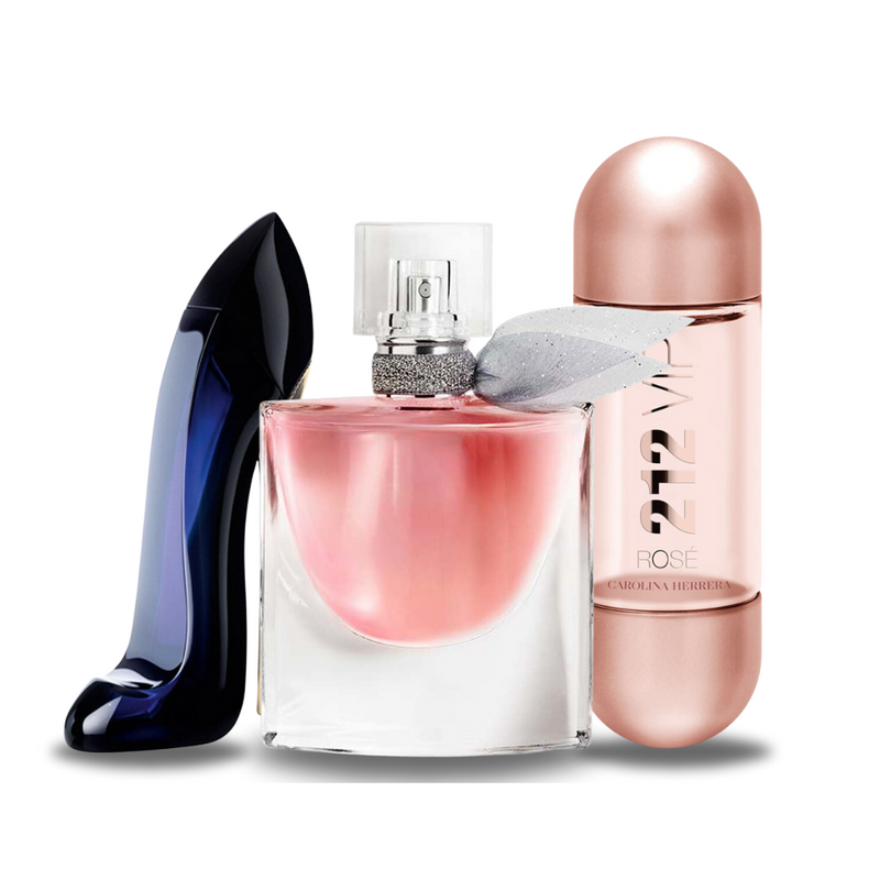 Combo promocional de 3 Perfumes GOOD GIRL, Lancôme LA VIE EST BELLE y 212 VIP ROSÉ 100ml